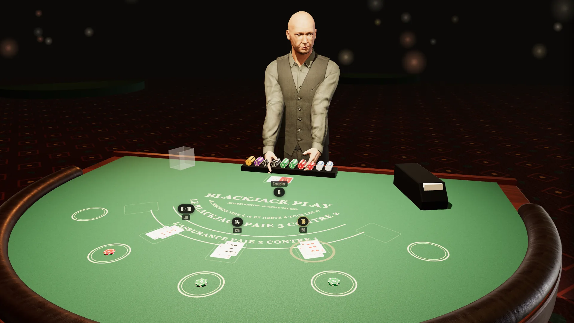 Table de blackjack 3D de Blackjack Play : le croupier face à trois mains en jeu